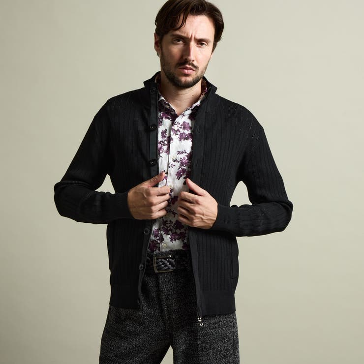 49ブラック | プレーティングリブジャカードニットジップブルゾン | NICOLE