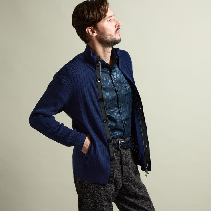 67ネイビー | プレーティングリブジャカードニットジップブルゾン | NICOLE