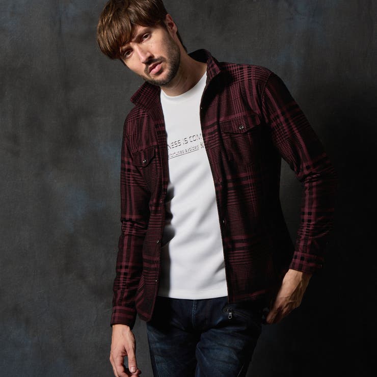 07ボルドー | フロッキープリントスタンドカラーシャツ | NICOLE