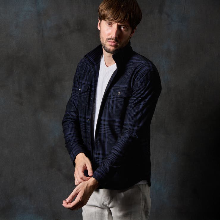 67ネイビー | フロッキープリントスタンドカラーシャツ | NICOLE