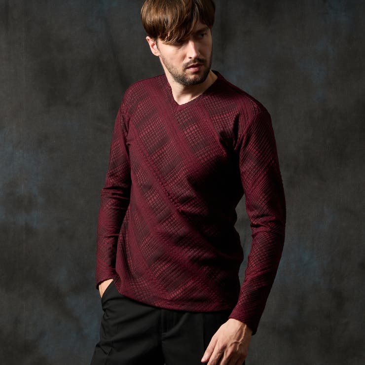 07ボルドー | ブリスターチェックＶネックプルオーバー | NICOLE