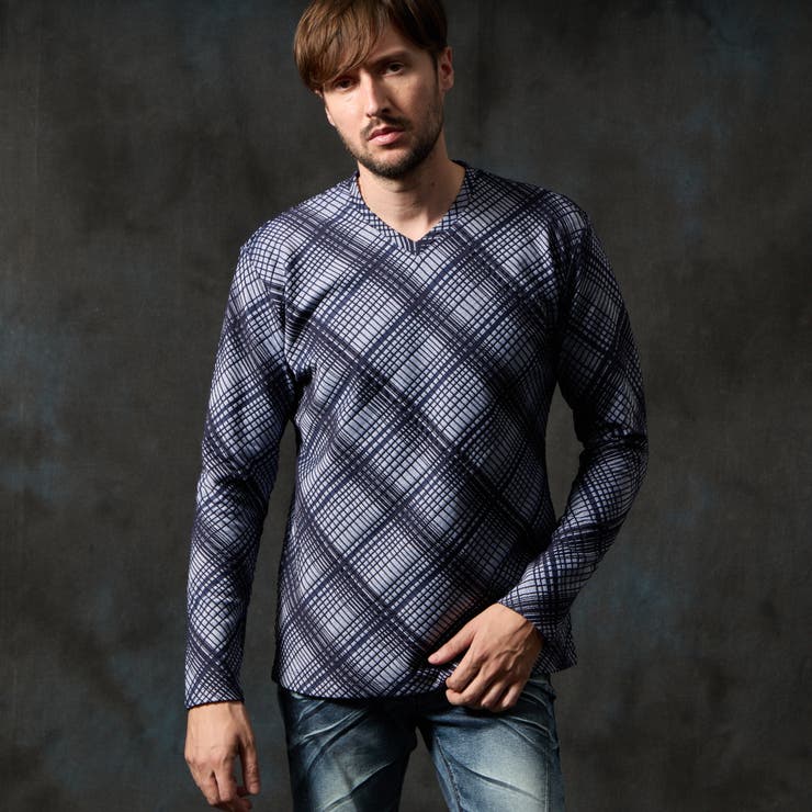 67ネイビー | ブリスターチェックＶネックプルオーバー | NICOLE