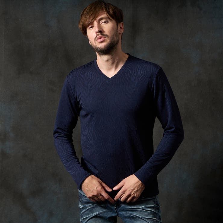 67ネイビー | ゼブラ風ブリスタ-ジャカードＶネックプルオーバー | NICOLE