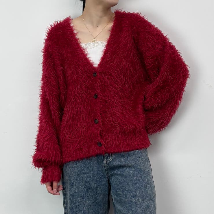 01レッド | Vネックプードルカーディガン | NICOLE