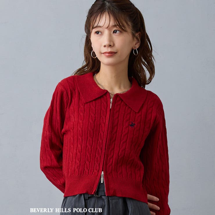 01レッド | 【BEVERLY HILLS POLO CLUB】ケーブル編みカーディガン | NICOLE