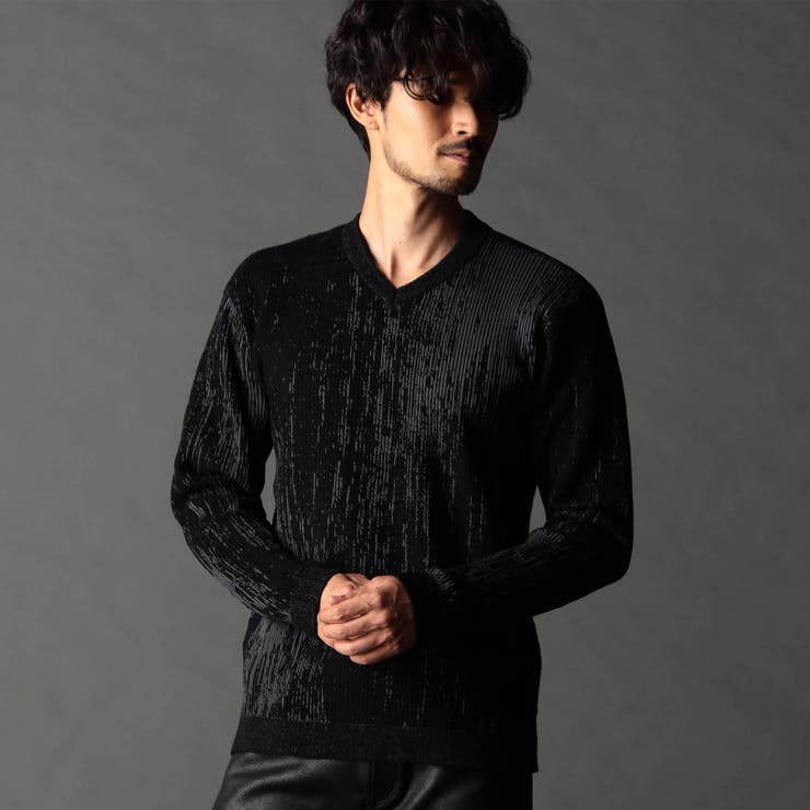 49ブラック | バーク風ジャカード Vネックプルオーバーニット | NICOLE