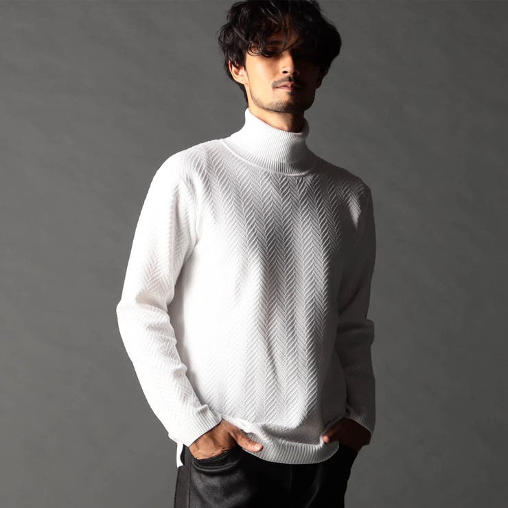 09ホワイト | ヘリンボーン タートルネックニット | NICOLE