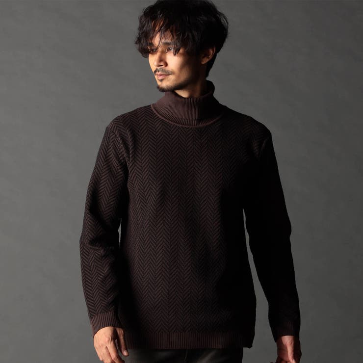 17ダークブラウン | ヘリンボーン タートルネックニット | NICOLE
