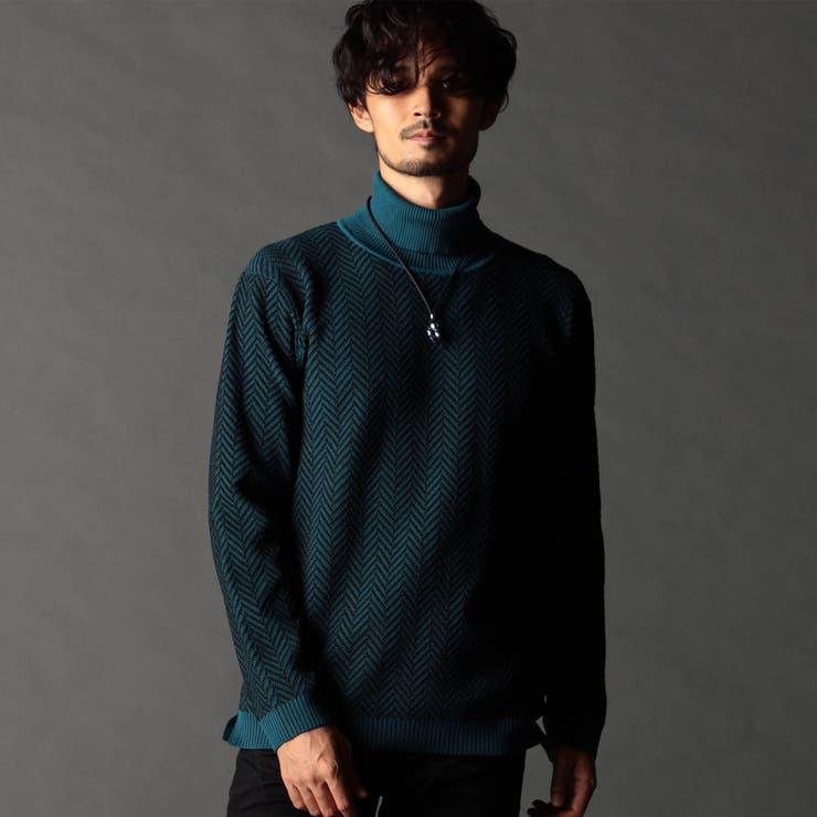 60ブルー | ヘリンボーン タートルネックニット | NICOLE