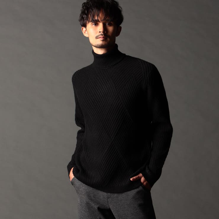 49ブラック | ビッグバスケットジャカード タートルネックニット | NICOLE