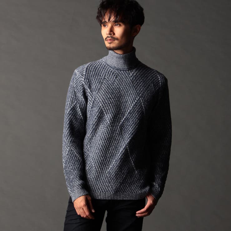 67ネイビー | ビッグバスケットジャカード タートルネックニット | NICOLE