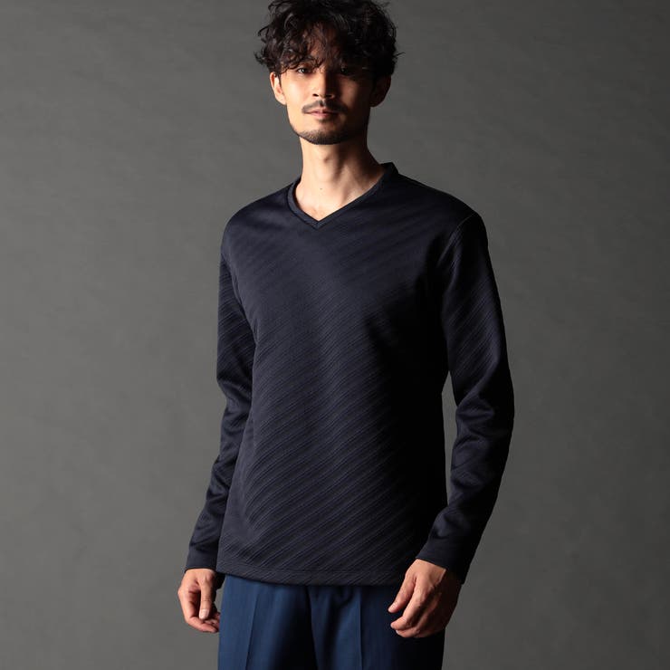 67ネイビー | ブリスターバイヤスジャカードVネックプルオーバー | NICOLE