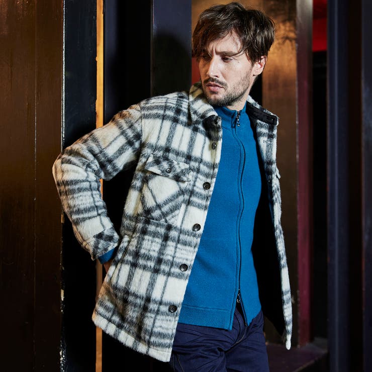 ナイロンジャケット ブラック・ホワイトチェック Wパッチポケット チェックブルゾン｜その他ジャケット/ブルゾン