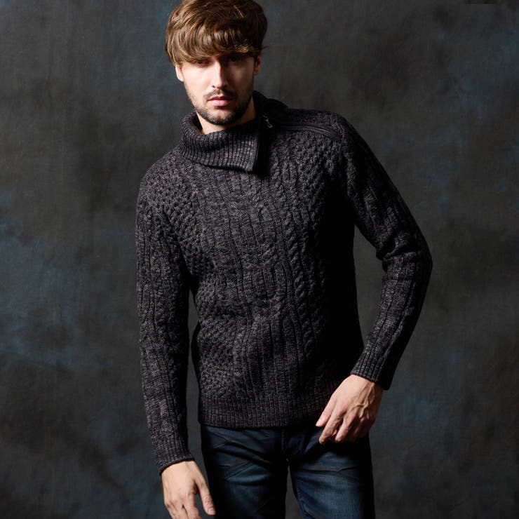 49ブラック | ケーブル編み衿ファスナータートルネックニット | NICOLE
