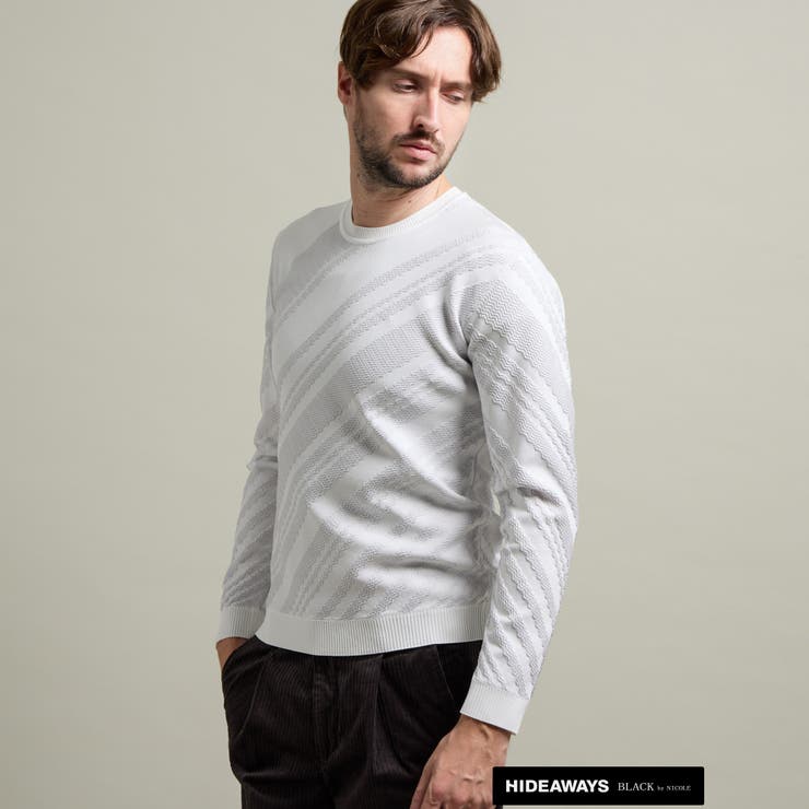 09ホワイト | 【HIDEAWAYS BLACK】バイアスリンクスジャカードクルーネックニット | NICOLE