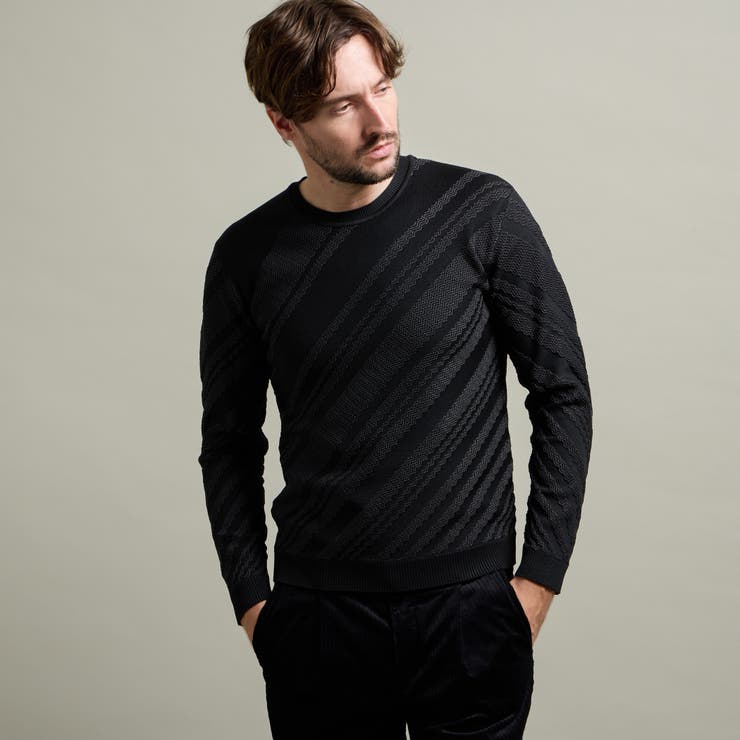 49ブラック | 【HIDEAWAYS BLACK】バイアスリンクスジャカードクルーネックニット | NICOLE