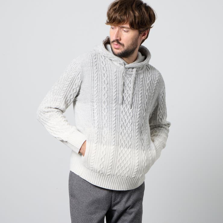 ケーブルグラデーションフーテッドプルオーバーニット[品番