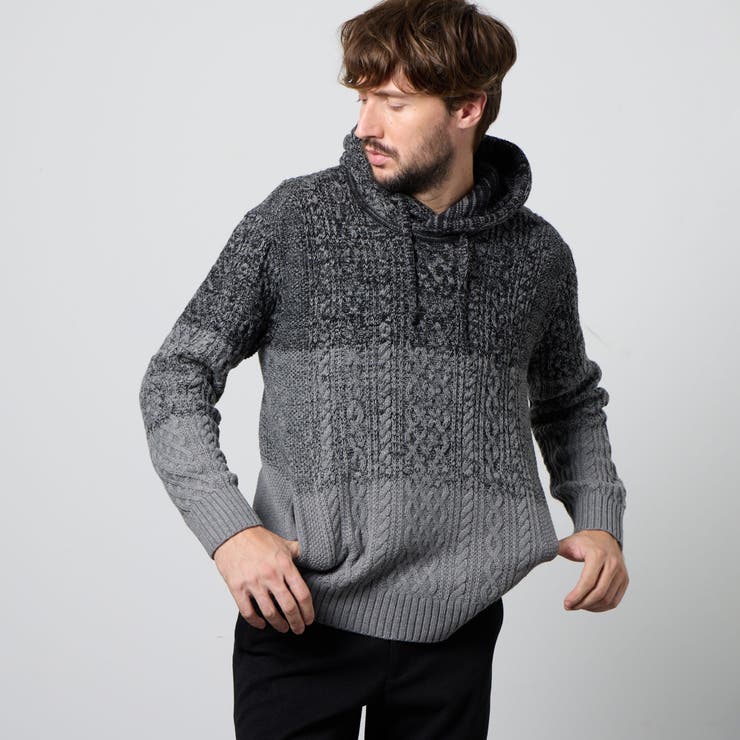 49ブラック | ケーブルグラデーションフーテッドプルオーバーニット | NICOLE