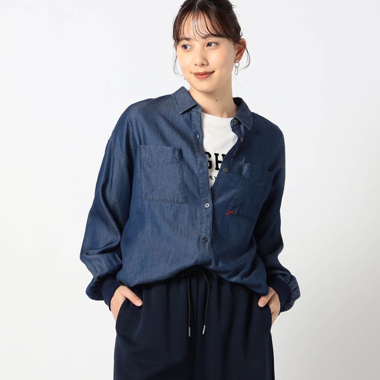 67ネイビー | 袖リブ 刺繍デニムシャツ | NICOLE