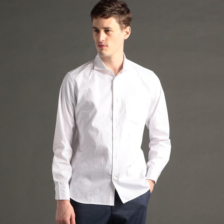 09ホワイト | ヘリンボンストレッチ カッタウェイカラーシャツ | NICOLE