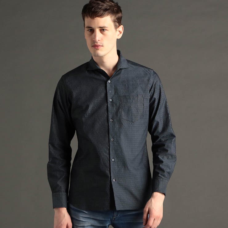 67ネイビー | ヘリンボンストレッチ カッタウェイカラーシャツ | NICOLE