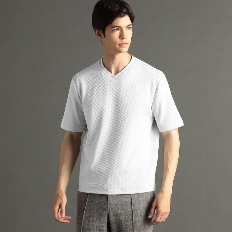 09ホワイト | グラフィックジャカード VネックレギュラーフィットTシャツ | NICOLE