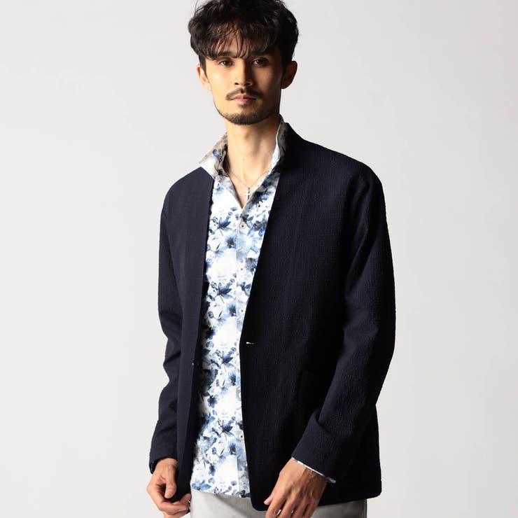 67ネイビー | サッカーチェック ノーカラージャケット | NICOLE