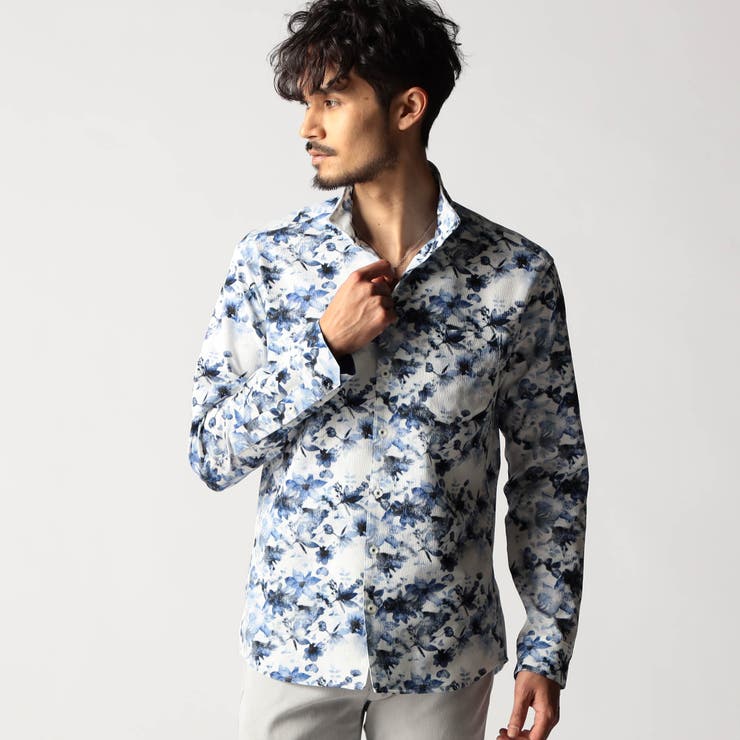 60ブルー | アラカルトプリント スタンドカラーシャツ | NICOLE