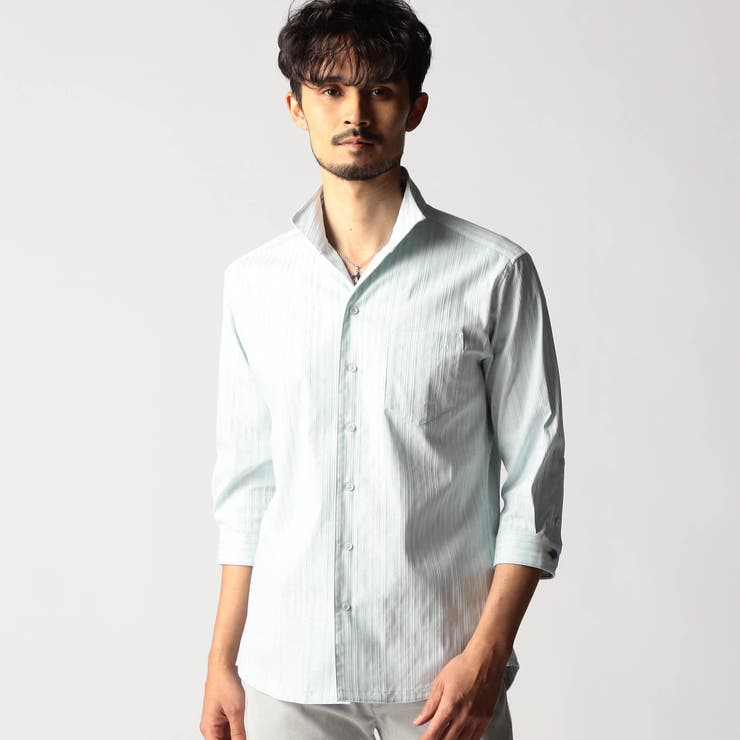 41ライトグリーン | リバーシブルドビー ７分袖スタンドカラーシャツ | NICOLE