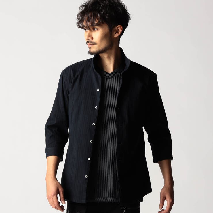 67ネイビー | リバーシブルドビー ７分袖スタンドカラーシャツ | NICOLE