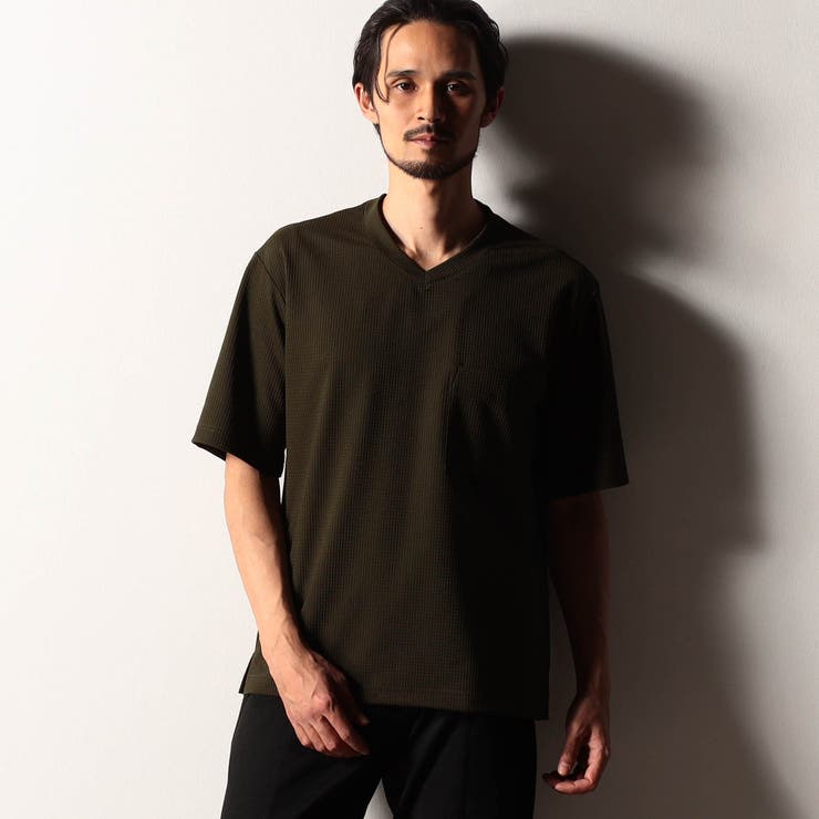 46カーキ | 【RIELABO】サッカートリコット Vネック半袖カットソー（日本製） | NICOLE