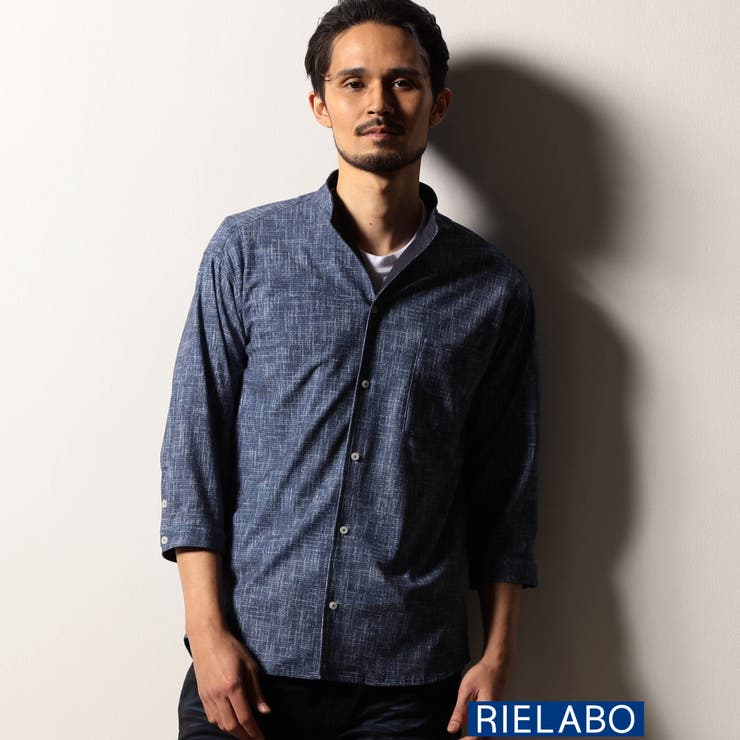67ネイビー | 【RIELABO】カスレプリント ７分袖スタンドカラーシャツ | NICOLE