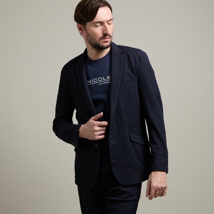 67ネイビー | 【HIDEAWAYS BLACK】シアージャガードニット2Bジャケット | NICOLE