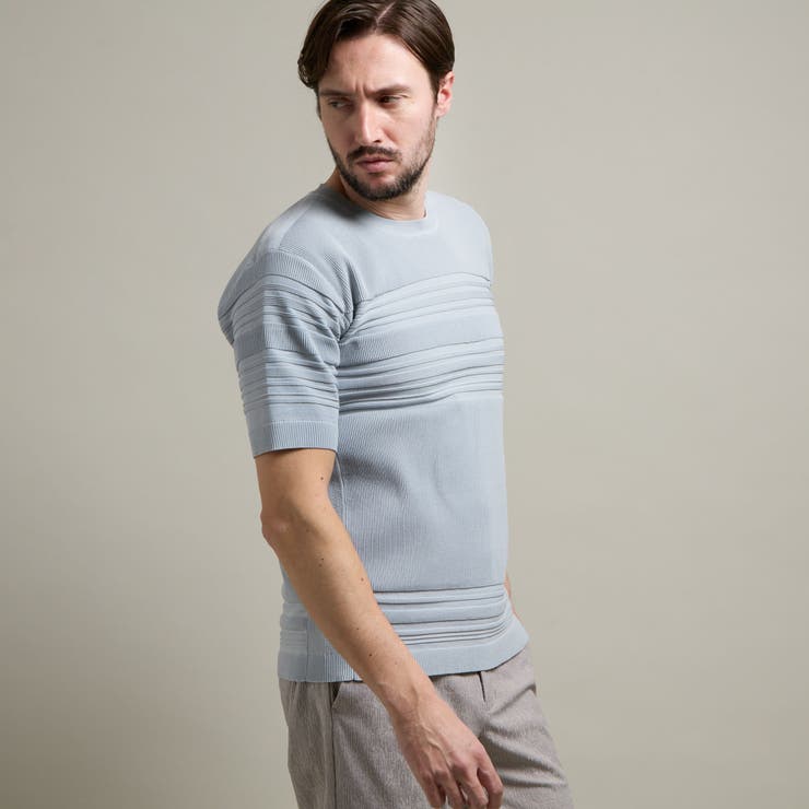 19ライトグレー | 【HIDEAWAYS BLACK】切り替えタックボーダー半袖ニット | NICOLE