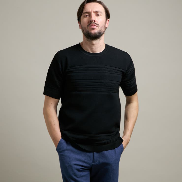 49ブラック | 【HIDEAWAYS BLACK】切り替えタックボーダー半袖ニット | NICOLE