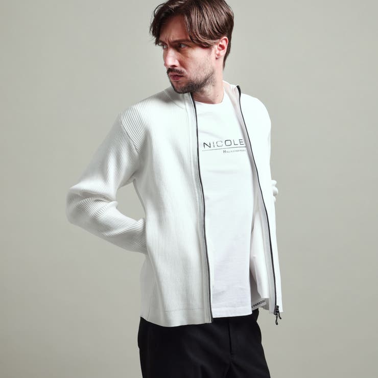 09ホワイト | 【HIDEAWAYS BLACK】フルジップスタンドニットブルゾン | NICOLE