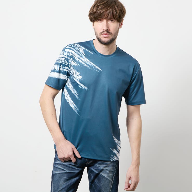 60ブルー | バイヤスハケメロゴプリント クルーネック半袖Ｔシャツ | NICOLE