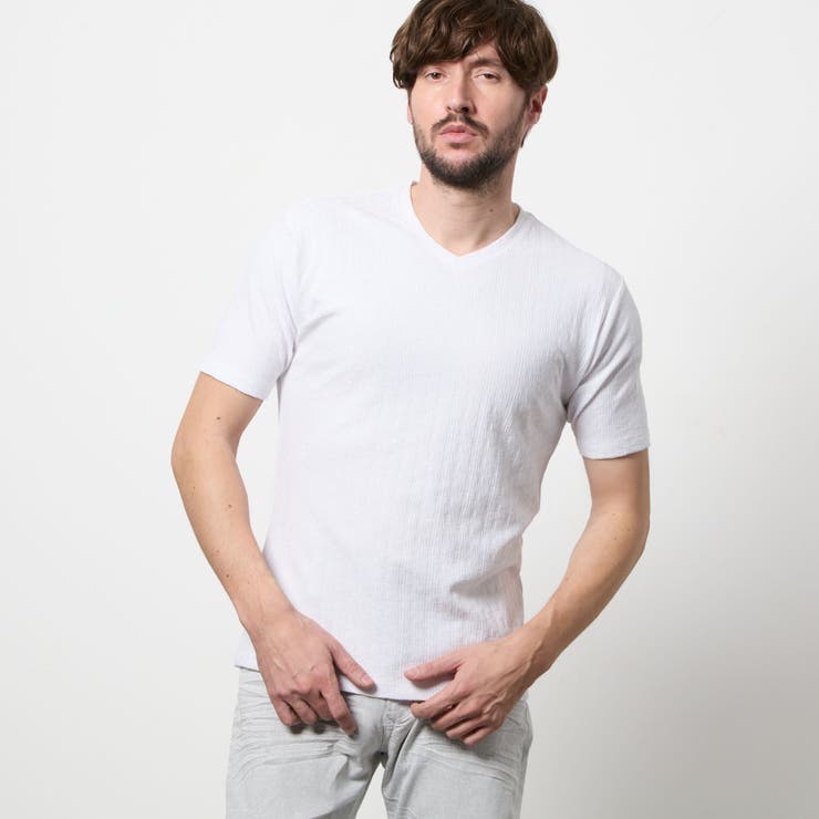 09ホワイト | リンクスジャカード Vネック半袖プルオーバー | NICOLE