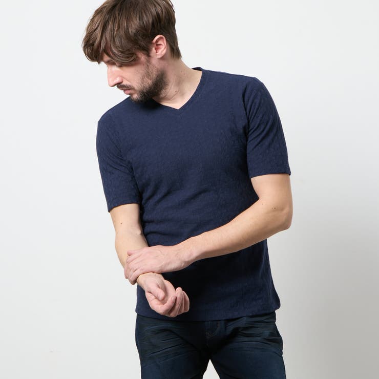 67ネイビー | リンクスジャカード Vネック半袖プルオーバー | NICOLE