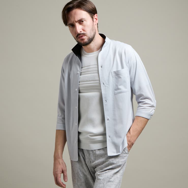 19ライトグレー | カスレプリント ７分袖スタンドカラーシャツ | NICOLE