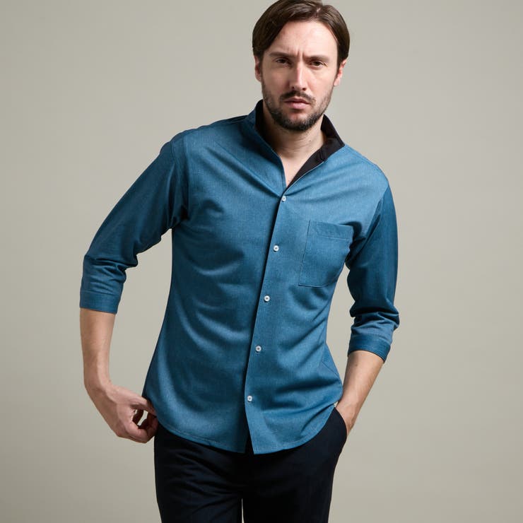 64サックス | カスレプリント ７分袖スタンドカラーシャツ | NICOLE