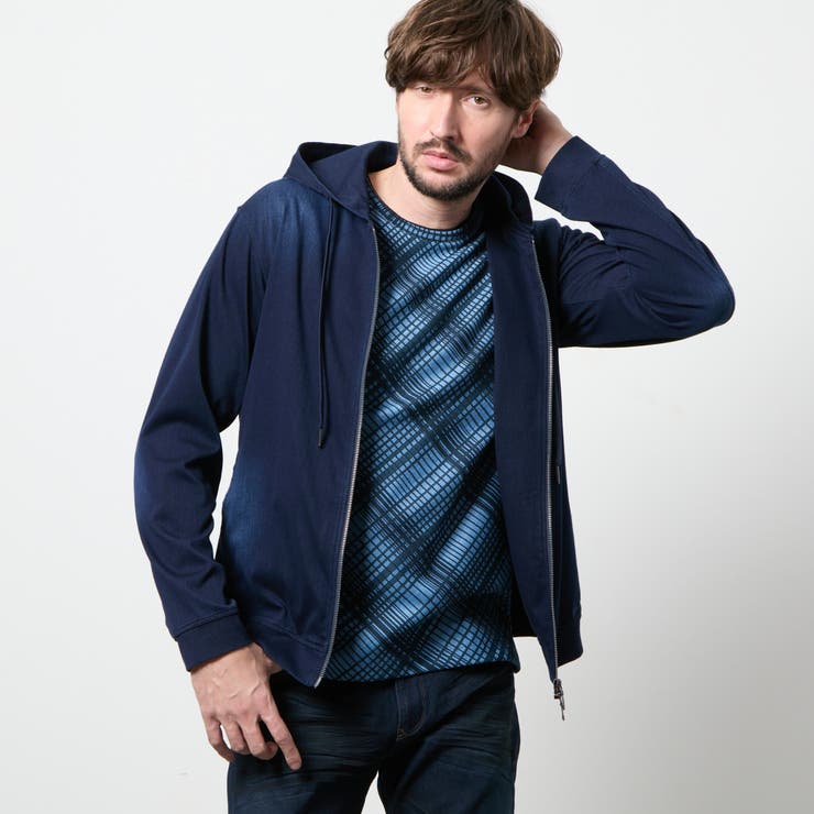 67ネイビー | ハイテンションジャージーデニムジップアップパーカー | NICOLE