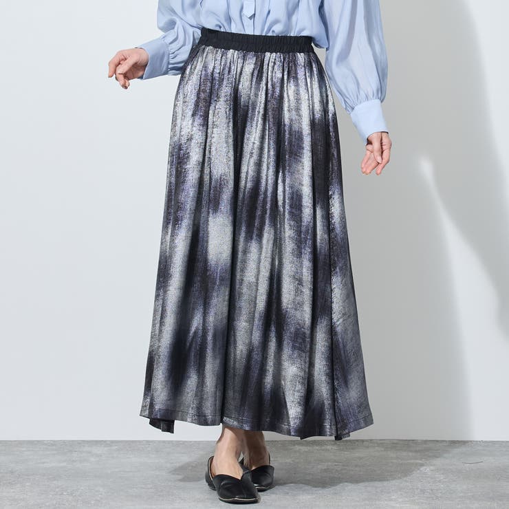 49ブラック | 【WALDO】ウエストゴムムラ染め光沢プリントギャザーフレアースカート | NICOLE