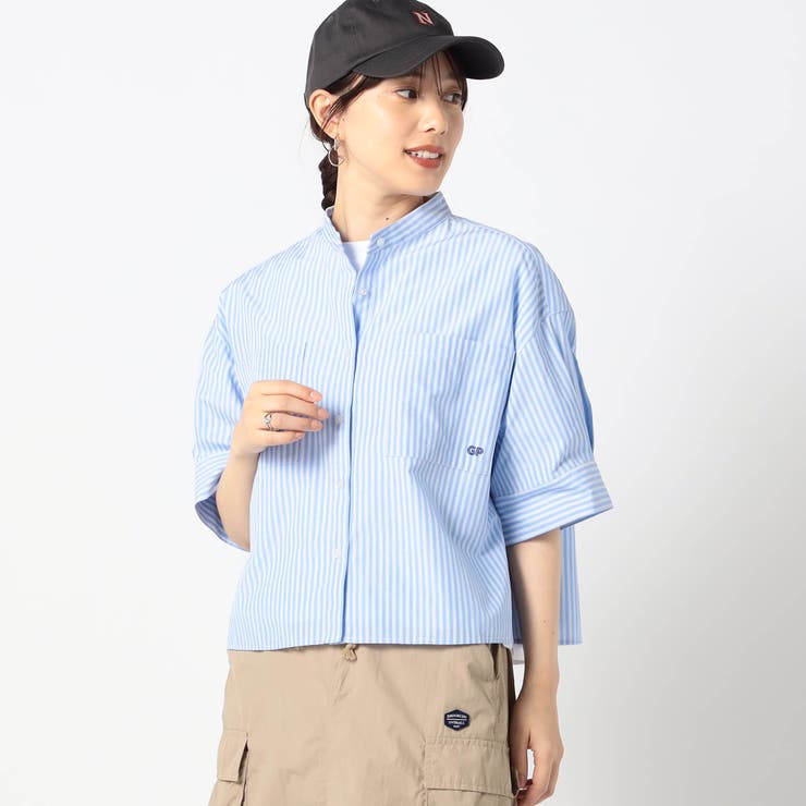 60ブルー | ノーカラーストライプシャツ | NICOLE