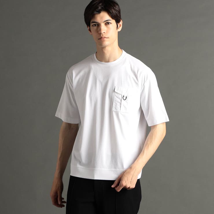 09ホワイト | ストレッチワッシャーポケット クルーネックTシャツ | NICOLE