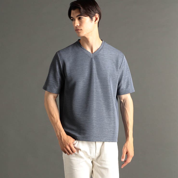 66ブルーグレー | ウエーブタックジャカード VネックTシャツ | NICOLE