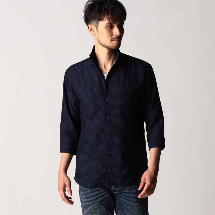 67ネイビー | シアーチェック7分袖スタンドカラーシャツ | NICOLE