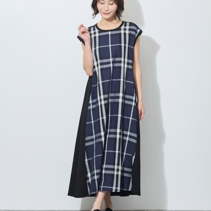 67ネイビー | チェック柄異素材切替えカットワンピース | NICOLE