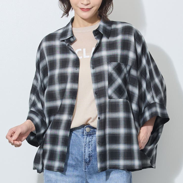 49ブラック | 7分袖オンブレーチェックビッグシャツ | NICOLE