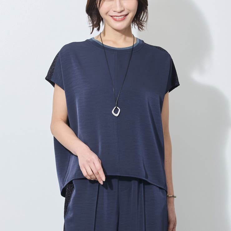 67ネイビー | ラメ切替え入りフレンチスリーブプルオーバー | NICOLE